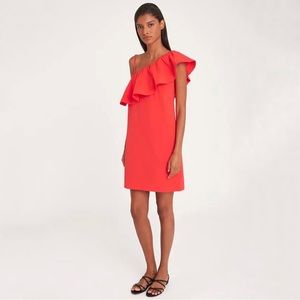 Cuyana Seersucker One Shoulder Flounce Ruffle Neck Mini Dress Lipstick Medium